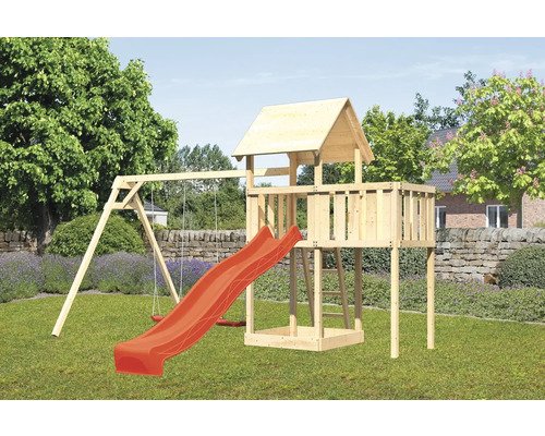 Spielturm Spielhaus Karibu Lotti 107 x 107 cm Holz bestehend aus Rutsche, 2 Brettschaukeln, Anbau, rot