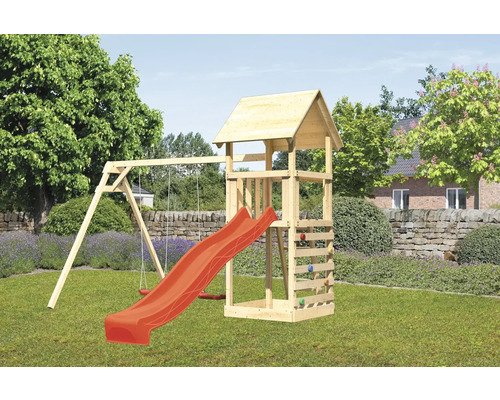Spielturm Spielhaus Karibu Lotti 107 x 107 cm Holz rot bestehend aus Rutsche, 2 Brettschaukeln, Kletterwand