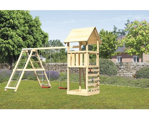 Spielturm Spielhaus Karibu Lotti 107 x 107 cm Holz bestehend aus Anbau, Grundturm, Kletterwand, Schaukel rot