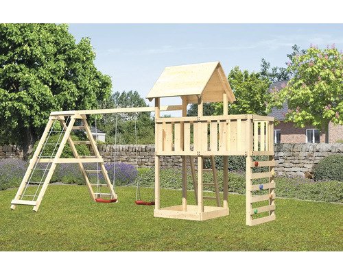 Spielturm Spielhaus Karibu Lotti 107 x 107 cm Holz bestehend aus Anbau, Kletterwand, Grundturm, rot