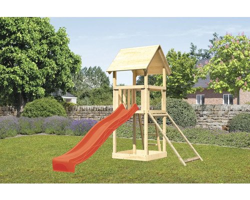 Spielturm Spielhaus Karibu Lotti 107 x 107 cm Holz bestehend aus Netzrampe, Rutsche, rot