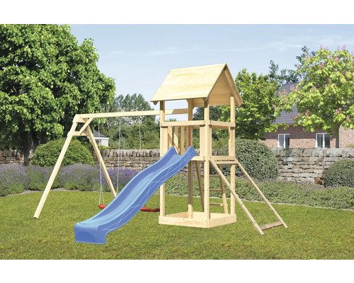 Spielturm Spielhaus Karibu Lotti 107 x 107 cm Holz bestehend aus Rutsche, 2 Brettschaukeln, Netzrampe, blau
