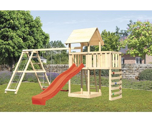 Spielturm Spielhaus Karibu Lotti 107 x 107 cm Holz bestehend aus Anbau, Kletterwand, Grundturm, Rutsche rot