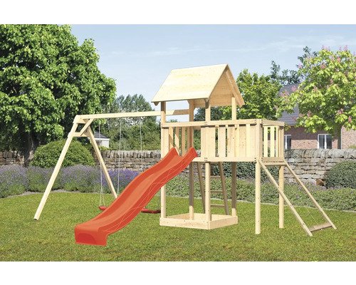 Spielturm Spielhaus Karibu Lotti 107 x 107 cm Holz bestehend aus Rutsche, 2 Brettschaukeln, Anbau, Netzrampe, rot
