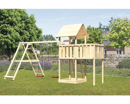 Spielturm Spielhaus Karibu Lotti 107 x 107 cm Holz bestehend aus Anbau, Grundturm, rot