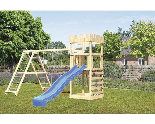Spielturm Spielhaus Karibu 107 x 107 cm Holz bestehend aus Grundturm, Netzrampe, Schaukel, Rutsche blau
