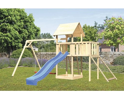 Spielturm Spielhaus Karibu Lotti 107 x 107 cm Holz bestehend aus Rutsche, 2 Brettschaukeln, Anbau, Netzrampe, blau