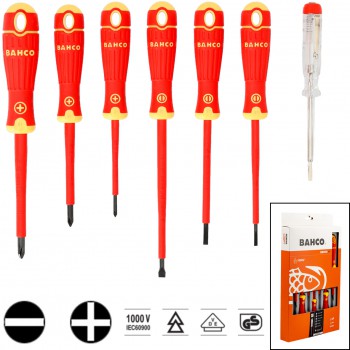 Juego de destornilladores aislados vde bahcofit con mango multicomponente y comprobador de tensión de 150 v-250 v ref. b220.027