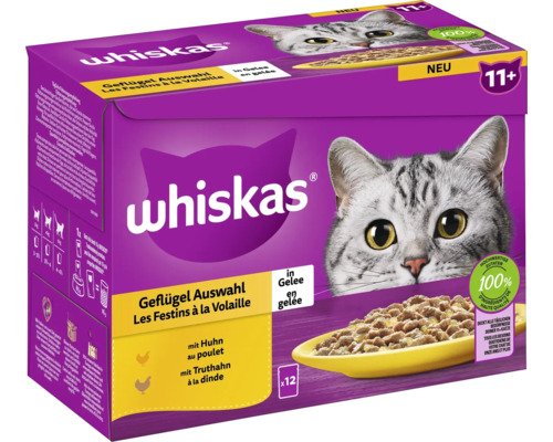 Katzenfutter nass Whiskas Multipack 11+ Geflügel Auswahl in Gelee Seniorfutter 12x 85 g 1,02 kg