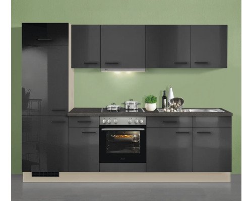 PICCANTE EVER Küchenblock mit Geräten 270 cm Frontfarbe grafit hochglanz - Grifffarbe schwarz