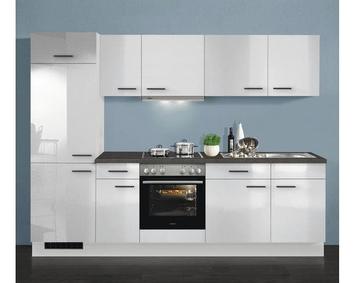 PICCANTE EVER Küchenblock mit Geräten 270 cm Frontfarbe weiss hochglanz - Grifffarbe schwarz