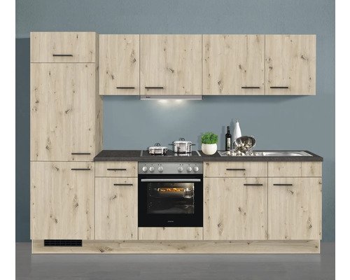 PICCANTE EVER Küchenblock mit Geräten 270 cm Frontfarbe eiche hell - Grifffarbe schwarz