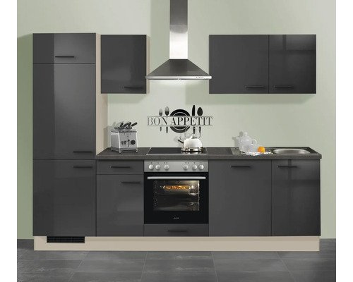 PICCANTE AREA Küchenblock mit Geräten 270 cm Frontfarbe grafit hochglanz - Grifffarbe schwarz
