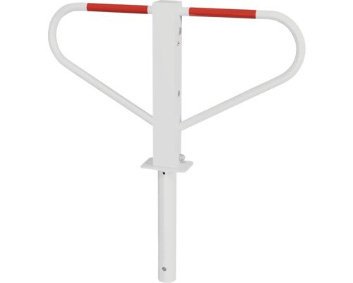 Parkplatzsperre umlegbar mit Rundzylinder selbsteinrastende Verriegelung zum Einbetonieren weiss-rot H = 500 mm B = 800 mm