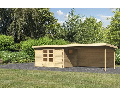Gartenhaus Karibu Tossens 4 inkl. Anbaudach mit Rückwand 4,4 m 714,5 x 333 cm natur
