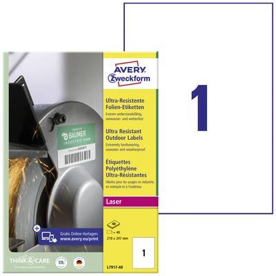 Avery-Zweckform L7917-40 Folien-Etiketten 210 x 297 mm Polyethylenfolie Weiß 40 St. Permanent haftend Farblaserdrucker,