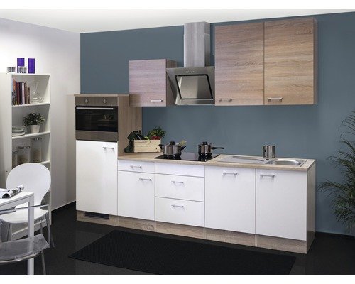 Küchenzeile mit Geräten Flex Well Samoa 280 cm Frontfarbe weiss sonoma eiche - Korpusfarbe sonoma eiche 00011583