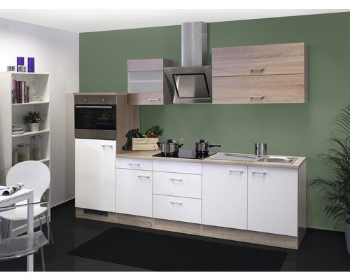 Küchenzeile mit Geräten Flex Well Samoa 270 cm Frontfarbe weiss sonoma eiche - Korpusfarbe sonoma eiche 00011574