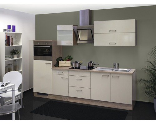 Küchenzeile mit Geräten Flex Well Nepal 270 cm Frontfarbe kaschmir glänzend - Korpusfarbe sonoma eiche 00011572