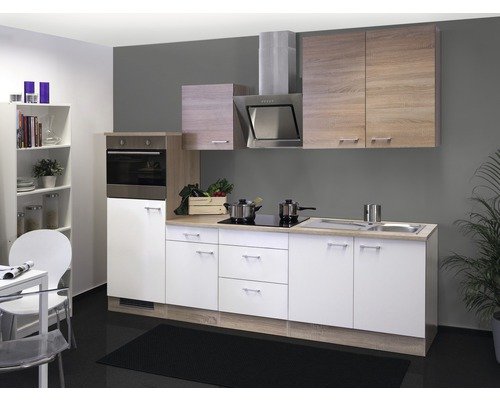 Küchenzeile mit Geräten Flex Well Samoa 270 cm Frontfarbe weiss sonoma eiche - Korpusfarbe sonoma eiche 00011564