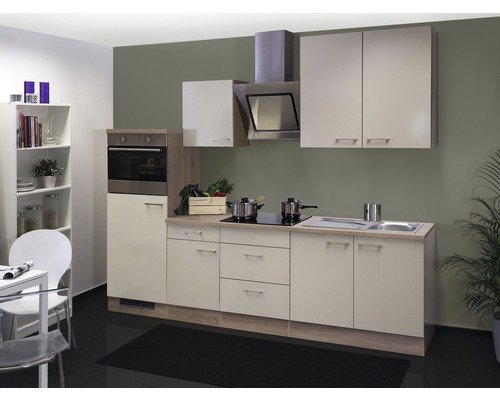 Küchenzeile mit Geräten Flex Well Nepal 270 cm Frontfarbe kaschmir glänzend - Korpusfarbe sonoma eiche 00011562