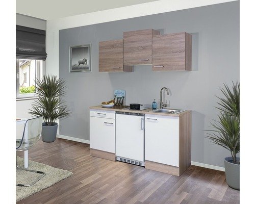 Singleküche mit Geräten Flex Well Samoa 150.5 cm Frontfarbe weiss sonoma eiche - Korpusfarbe sonoma eiche 00011155