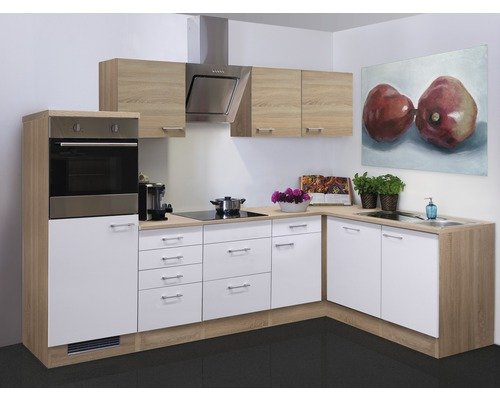 Winkelküche mit Geräten Flex Well Samoa 280 cm Frontfarbe weiss sonoma eiche - Korpusfarbe sonoma eiche 00011234