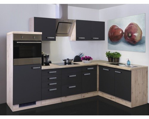 Winkelküche mit Geräten Flex Well Santo 280 cm Frontfarbe anthrazit - Korpusfarbe san remo eiche hell 00011230