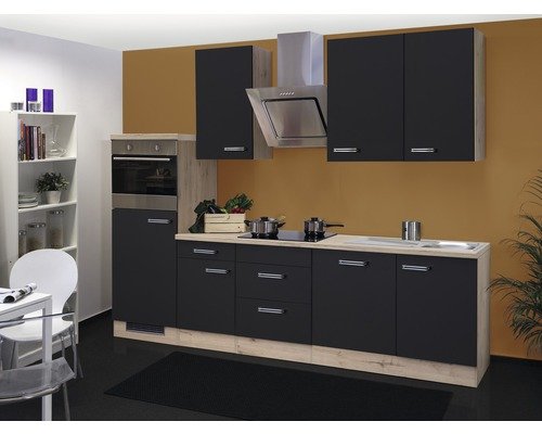 Küchenzeile mit Geräten Flex Well Santo 280 cm Frontfarbe anthrazit - Korpusfarbe san remo eiche hell 00011220
