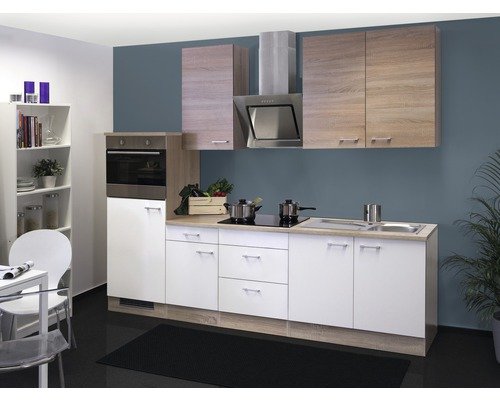 Küchenzeile mit Geräten Flex Well Samoa 270 cm Frontfarbe weiss sonoma eiche - Korpusfarbe sonoma eiche 00011197