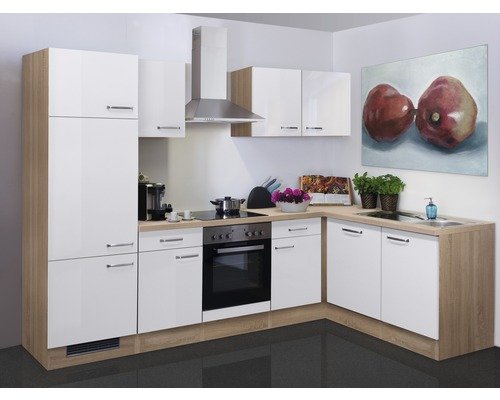 Winkelküche mit Geräten Flex Well Valero 280 cm Frontfarbe weiss hochglanz - Korpusfarbe sonoma eiche 00010836