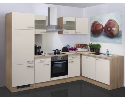 Winkelküche mit Geräten Flex Well Nepal 280 cm Frontfarbe kaschmir glänzend - Korpusfarbe sonoma eiche 00009045