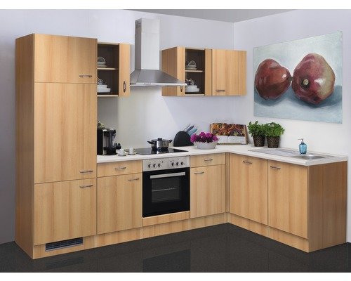 Winkelküche mit Geräten Flex Well Nano 280 cm Frontfarbe buche - Korpusfarbe buche 00009040