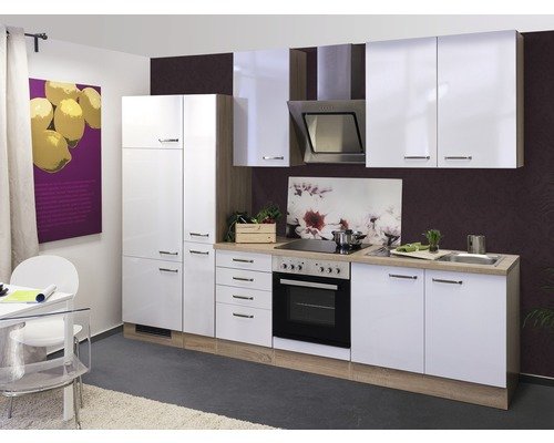 Küchenzeile mit Geräten Flex Well Valero 300 cm Frontfarbe weiss hochglanz - Korpusfarbe sonoma eiche 00010085