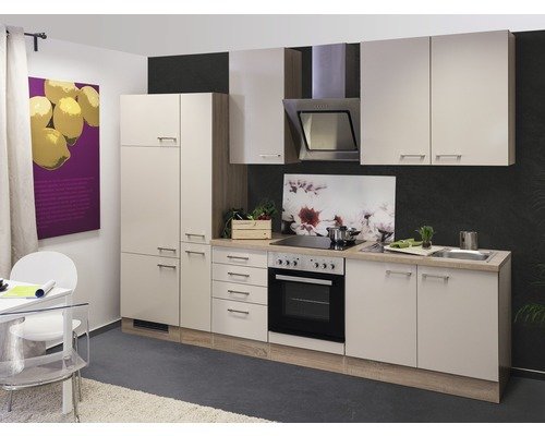 Küchenzeile mit Geräten Flex Well Nepal 300 cm Frontfarbe kaschmir glänzend - Korpusfarbe sonoma eiche 00010084