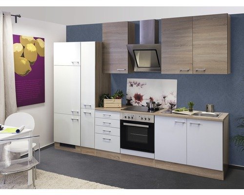 Küchenzeile mit Geräten Flex Well Samoa 300 cm Frontfarbe weiss sonoma eiche - Korpusfarbe sonoma eiche 00010076