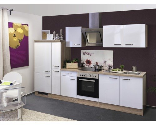 Küchenzeile mit Geräten Flex Well Valero 300 cm Frontfarbe weiss hochglanz - Korpusfarbe sonoma eiche 00010052