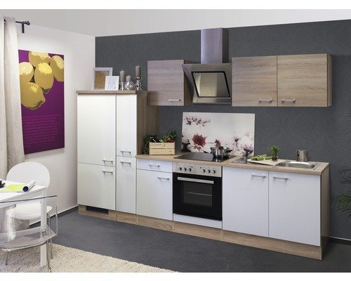Küchenzeile mit Geräten Flex Well Samoa 300 cm Frontfarbe weiss sonoma eiche - Korpusfarbe sonoma eiche 00010043