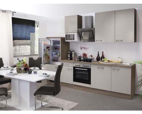 Küchenzeile mit Geräten Flex Well Nepal 280 cm Frontfarbe kaschmir glänzend - Korpusfarbe sonoma eiche 00009985