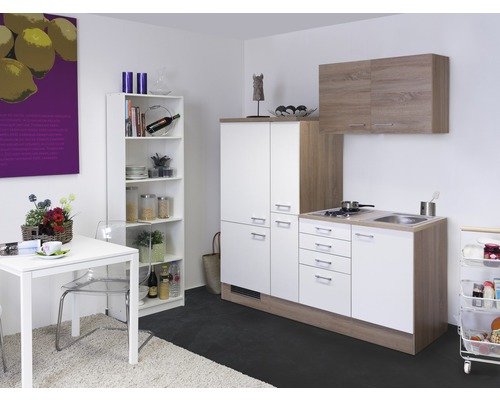 Singleküche mit Geräten Flex Well Samoa 190 cm Frontfarbe weiss sonoma eiche - Korpusfarbe sonoma eiche 00009889