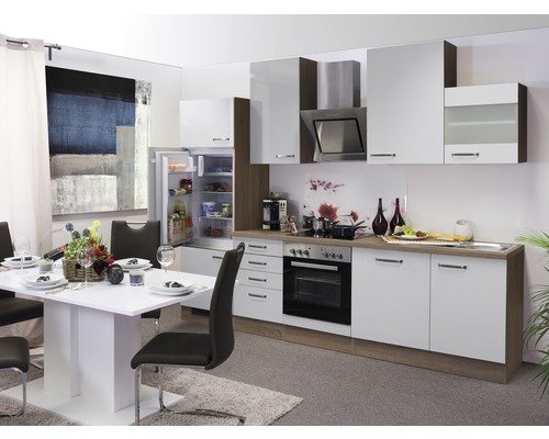Küchenzeile mit Geräten Flex Well Valero 280 cm Frontfarbe weiss hochglanz - Korpusfarbe sonoma eiche 00008906