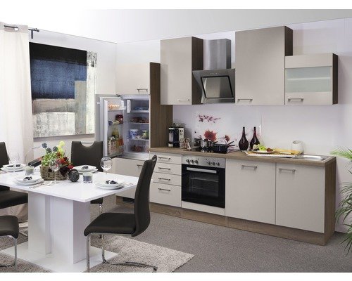 Küchenzeile mit Geräten Flex Well Nepal 280 cm Frontfarbe kaschmir glänzend - Korpusfarbe sonoma eiche 00008902