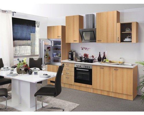 Küchenzeile mit Geräten Flex Well Nano 280 cm Frontfarbe buche - Korpusfarbe buche 00008901
