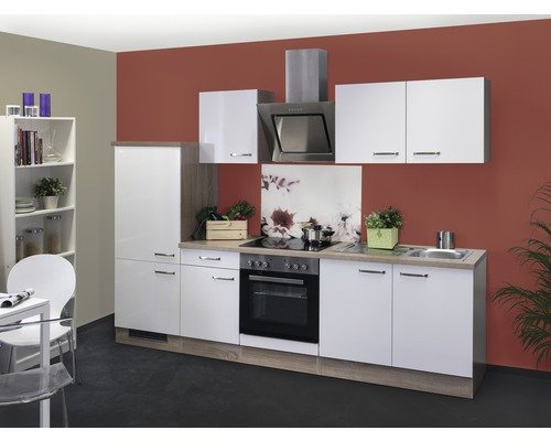 Küchenzeile mit Geräten Flex Well Valero 270 cm Frontfarbe weiss hochglanz - Korpusfarbe sonoma eiche 00008774
