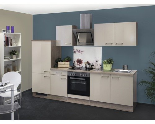 Küchenzeile mit Geräten Flex Well Nepal 270 cm Frontfarbe kaschmir glänzend - Korpusfarbe sonoma eiche 00008770