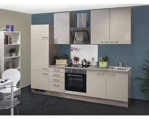 Küchenzeile mit Geräten Flex Well Nepal 270 cm Frontfarbe kaschmir glänzend - Korpusfarbe sonoma eiche 00008726