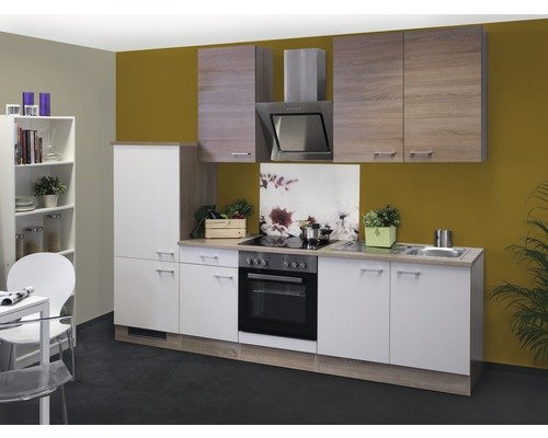 Küchenzeile mit Geräten Flex Well Samoa 270 cm Frontfarbe weiss sonoma eiche - Korpusfarbe sonoma eiche 00008607