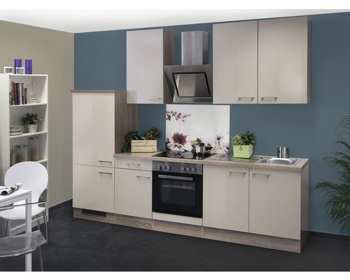 Küchenzeile mit Geräten Flex Well Nepal 270 cm Frontfarbe kaschmir glänzend - Korpusfarbe sonoma eiche 00008605