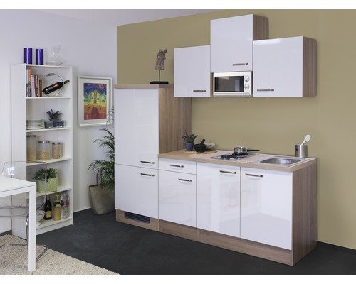 Küchenzeile mit Geräten Flex Well Valero 210 cm Frontfarbe weiss hochglanz - Korpusfarbe sonoma eiche 00007994