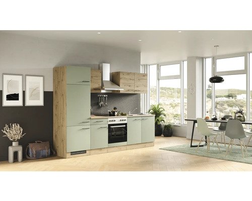 Küchenzeile mit Geräten Flex Well Cara 270 cm Frontfarbe schilfgrün artisan eiche - Korpusfarbe artisan eiche 00012495